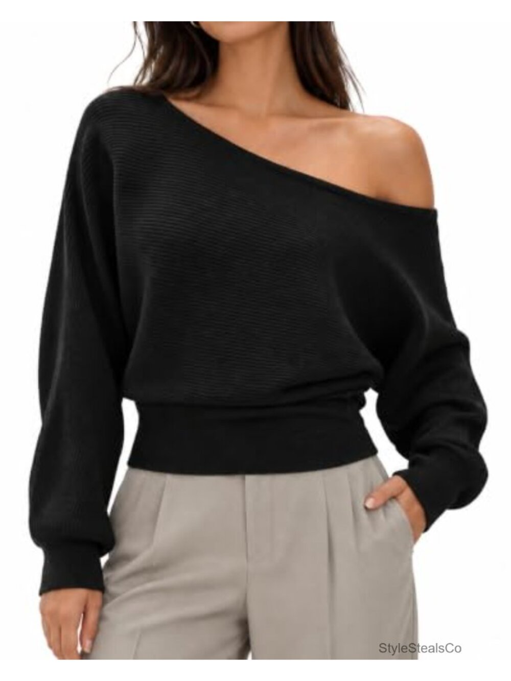 Oversized Off Shoulder Cashmere Pullover Sweater Boat Neck Long Sleeve Knit